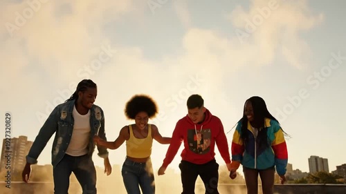 Wallpaper Mural Joyful multiethnic friends holding hands on a city rooftop, a cinematic slow-motion capture of youthful energy and unity Torontodigital.ca