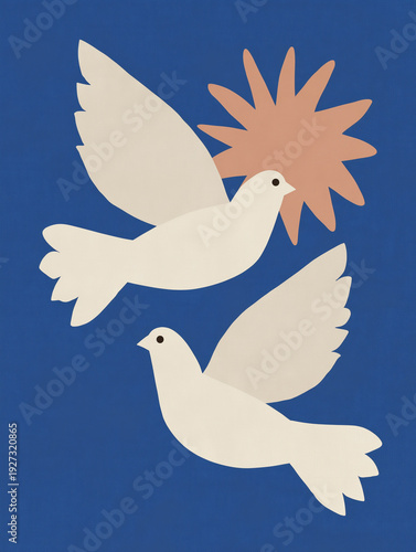 Matisse Style Paper Cut Doves with Sun Poster