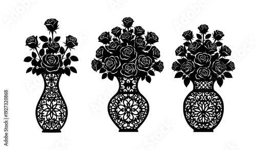 Ornate black silhouette vases with rose flower arrangements decorative vector isolated on transparent background