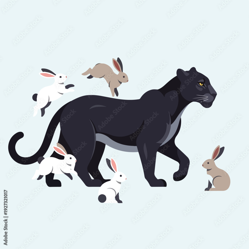 Naklejka premium Black panther walking with group of rabbits on light blue background