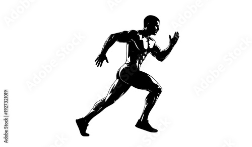 Muscular man running black and white silhouette vector isolated on transparent background