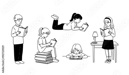 Minimalist hand-drawn black and white kids reading icons vector isolated on transparent background
