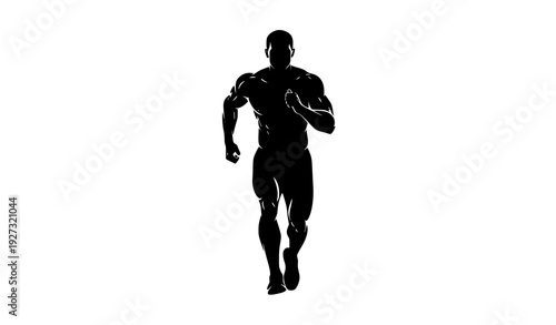 Frontal view muscular man running black and white silhouette vector isolated on transparent background