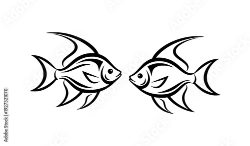 Minimalist black and white ornamental fish pair line art vector isolated on transparent background