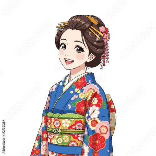 Woman wearing traditional Japanese kimono and hairstyle adornments
