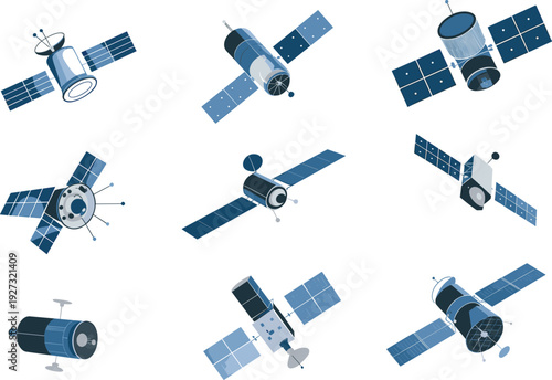 Satellite illustration set, space technology collection, orbital communication devices, astronomy research equipment, modern spacecraft design, science exploration, cosmic engineering concept