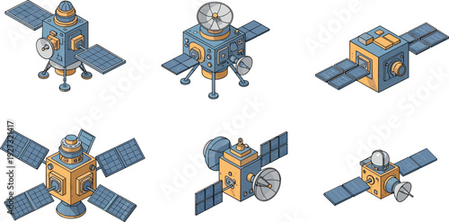 Satellite illustration set, space technology engraving, orbital communication device artwork, modern spacecraft drawing, astronomy equipment design, futuristic satellite collection illustration