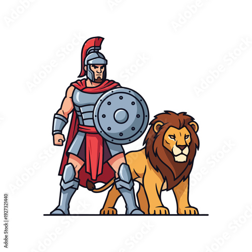 Ancient warrior standing with lion companion in armor and shield