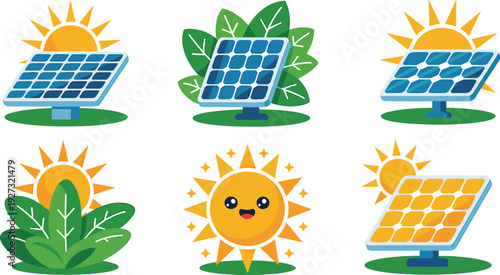 Solar energy illustration set, renewable power icons, eco friendly panels, green sustainability concept, clean electricity sun design, vector isolated collection