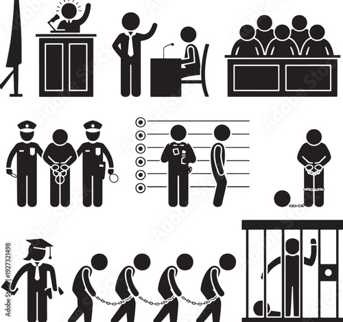 Justice System and Crime Stick Figure Icons Set: Courtroom, Police Arrest, Prison, and Legal Process