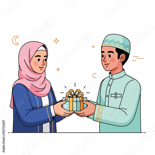 A Muslim couple exchanges a gift, symbolizing celebration and togetherness during a special occasion like Eid or a wedding anniversary