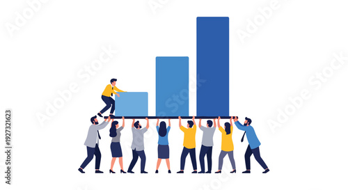 People working together, lifting blocks to build a bar graph, teamwork and collaboration, business concept, vector illustration