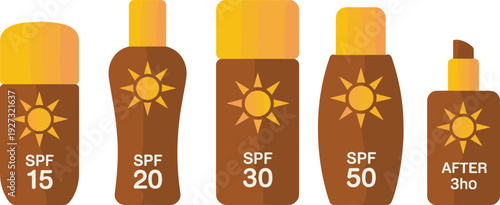 Sun protection sunscreen bottles set showing SPF 15 20 30 50 and after sun skincare cosmetic illustration vector