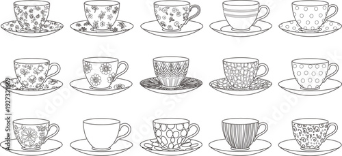 Tea cup outline collection, decorative coffee mugs set vintage porcelain cups saucers line art illustration for kitchen drink design