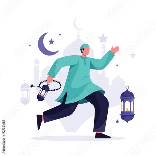 Animated illustration of a Muslim man running cheerfully with a traditional lantern and prayer beads, representing the spirit of Ramadan, Eid, and cultural celebrations