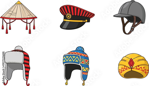 Traditional hats illustration set, cultural headwear collection including turban ushanka helmet military cap straw hat ethnic fashion icons design