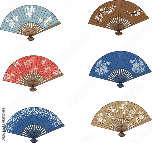 Traditional folding hand fan illustration set, Asian decorative accessory collection, floral pattern fans, cultural elegance design, vintage oriental fashion symbol