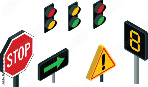 Traffic signs and signals isometric vector set including stop sign, traffic lights, warning and direction road symbols illustration