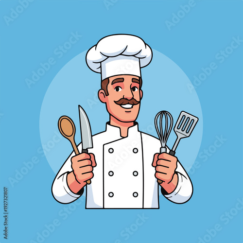 Smiling chef with kitchen utensils in hand standing confidently