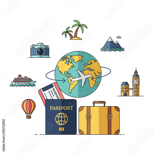 Global travel and adventure concept illustration showcasing essential vacation planning elements like passport, luggage, airplane, and iconic landmarks for an exciting worldwide journey
