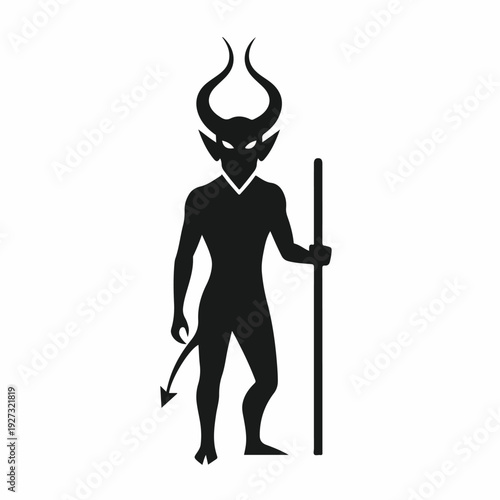 Black silhouette of a devil character with horns and a pitchfork