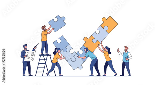 Teamwork illustration of people assembling puzzle pieces together in a collaborative effort viewed from a straightforward perspective