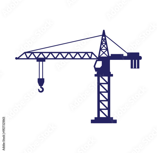 A dark blue silhouette of a tower crane with hook and boom