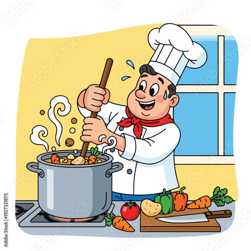 Cartoon chef cooking vegetables in a pot on the stove