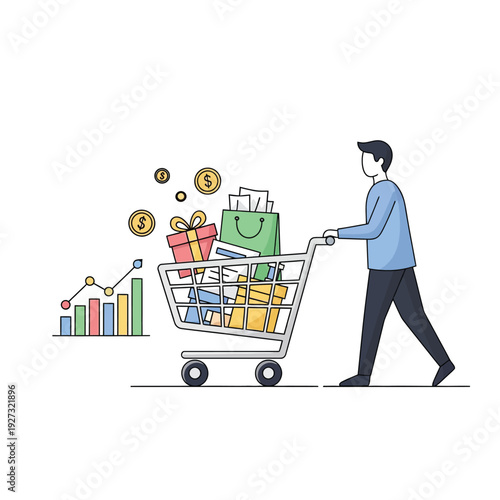 Consumer purchasing power and economic growth analysis with a shopper pushing a full shopping cart, coins, gift boxes, and a stock market graph