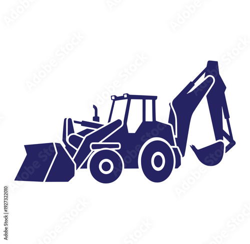 Blue silhouette of a backhoe loader on white background for construction and industry designs