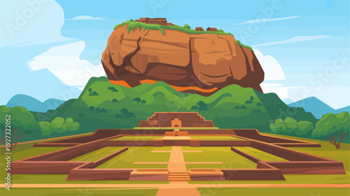 Flat design illustration of Sigiriya Lion Rock Fortress and ancient garden landscape in Sri Lanka with a scenic sky.
