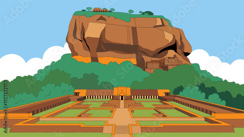 Flat design illustration of Sigiriya Lion Rock Fortress and ancient water garden complex in Sri Lanka.