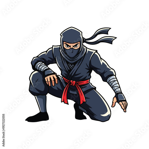 Ninja crouching in dark blue costume with red sash