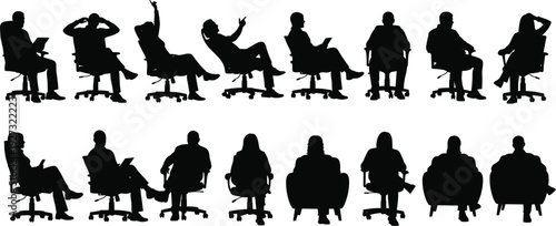 Office Chair Silhouettes Collection Featuring Various Sitting Postures and Relaxed Work Positions for Ergonomics, Office Culture, and Workspace Design Illustrations
