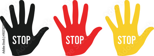 Stop Hand Symbol Collection in Black, Red, and Yellow for Warning Signs, Safety Alerts, and Communication in Public Spaces, Traffic, and Emergency Situations