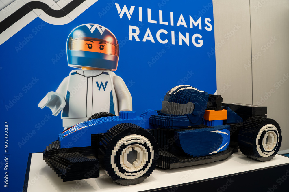 Naklejka premium LEGO Formula style race car model with Williams Racing display. Toronto, Canada - February 18, 2026.