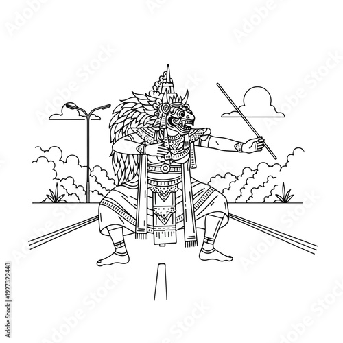 Warrior drawing in traditional costume holding a weapon on railway tracks