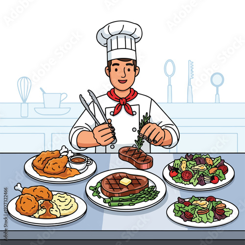 A chef preparing a variety of delicious food on kitchen counter