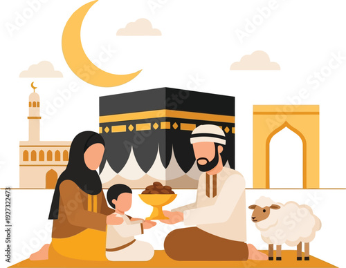 Muslim family celebrating Eid al-Adha with traditional food and sheep near Kaaba illustration