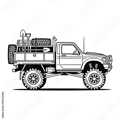 Detailed line drawing of a rugged pickup truck with off road tires and equipment in the cargo bed