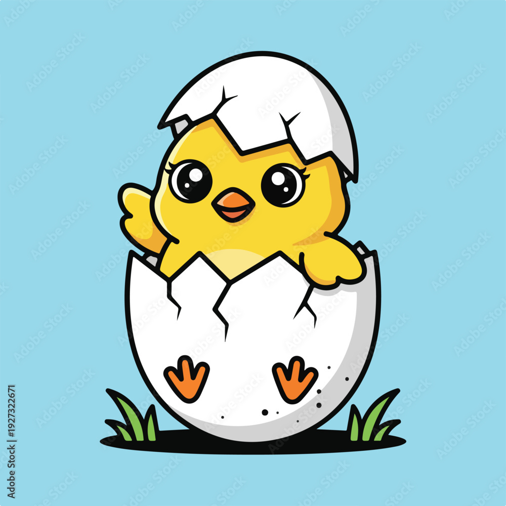 Fototapeta premium Cute yellow chick hatching from egg on blue background