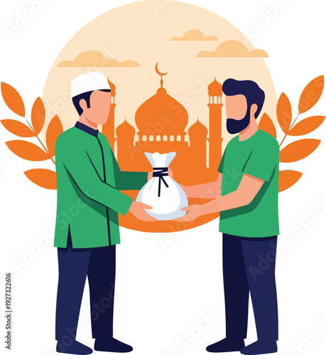 Muslim men giving zakat donation with mosque background for Ramadan charity and Islamic community support