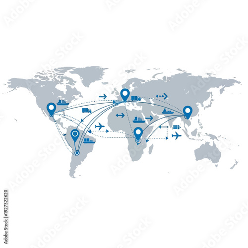 Global logistics and shipping network illustrated on a world map with connection lines, planes, and ships representing international trade routes and transportation