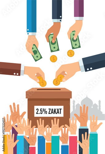 Charity Donation Concept with Hands Giving Zakat Money to Box for Islamic Philanthropy and Community Support