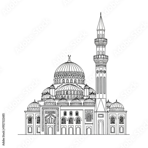 Large mosque with minaret and domes on white background
