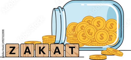 Zakat donation concept with coins in glass jar and scrabble letters for Islamic charity and finance