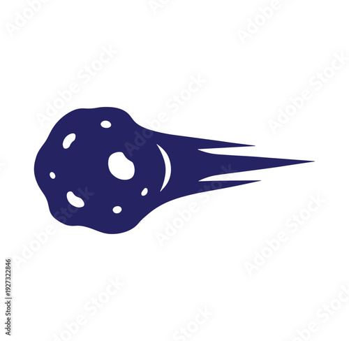 Dark blue cartoon meteor with craters trailing through space  cometary object