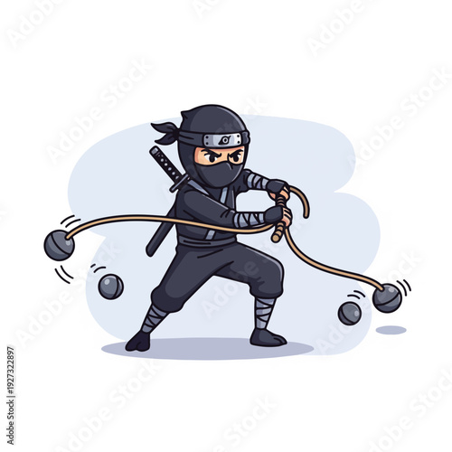 Cartoon ninja character wielding a pair of flails with weights