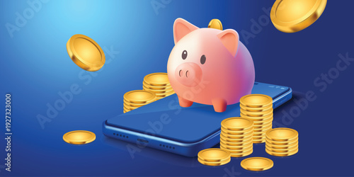 3D Mobile Banking Savings Concept with Piggy Bank and Gold Coins on Smartphone, Digital Finance and Online Investment Illustration.Mobile Banking Savings Concept with Piggy Bank and Gold Coins