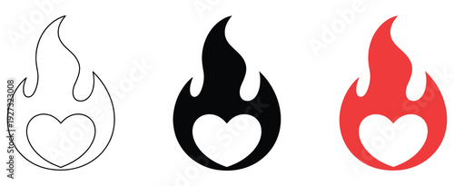 flaming heart icon illustration set featuring diverse styles of burning hearts, minimalist line art to bold red and orange vector graphics collection for valentine design, tattoo inspiration, and roma